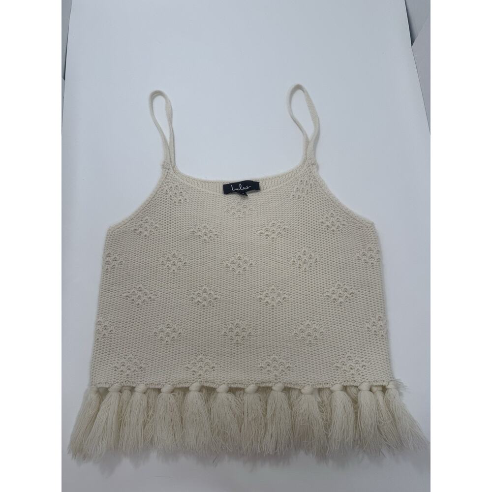 Lulus Beachside Bliss Ivory Pointelle Knit Tassel Crop Top